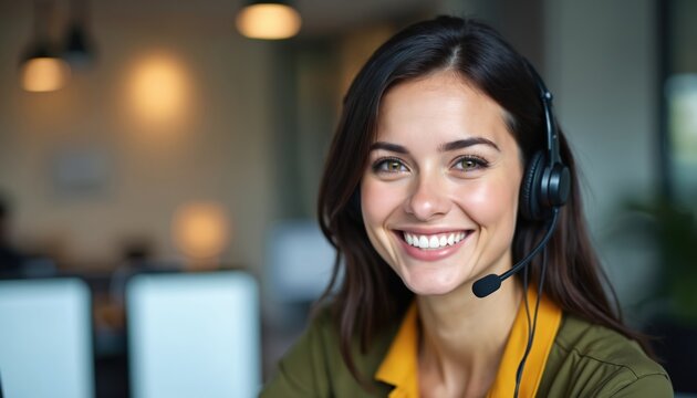 Smiling call center agent wears headset in office. Businesswoman works at customer service. Portrait of happy operator answering call. Friendly woman supports client, looks confident and trustworthy.