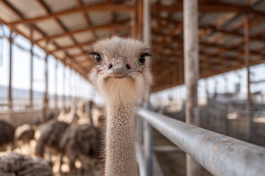 A close-up portrait of an ostrich head with big eyes and long eyelashes, inside of a farm building, focus on the face and blurred background of other ostriches.