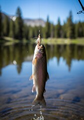 Obraz premium Rainbow trout caught on fishing line above serene lake water 