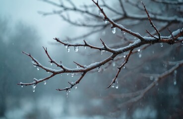 Tree branch covered in snow and ice hangs against a foggy winter backdrop. Water drips from the branch in this cold season natural scene. A quiet mood pervades.