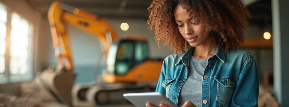 Woman uses tablet computer near excavator machinery in warehouse. Construction worker checks blueprint on digital device. Female contractor plans building on pad near heavy equipment at factory.