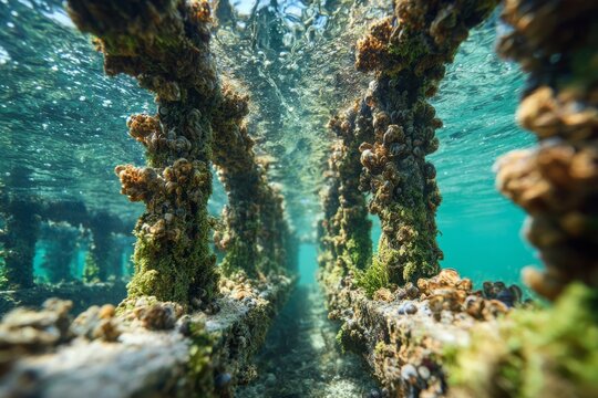 Underwater view of barnacle and moss covered pier pilings creating a textured, colorful scene, looking up towards the clear, sunlit water's surface with bubbles.