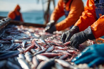 Obraz premium Commercial fishermen sorting freshly caught fish on a boat at sea, hands wearing protective gloves, selecting a sardine catch with ocean in background.