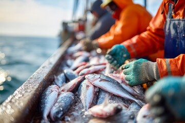 A close-up view of fishermen sorting a catch of fresh fish on a boat, showcasing the day's haul with protective gloves and vibrant orange jackets on a commercial fishing boat.