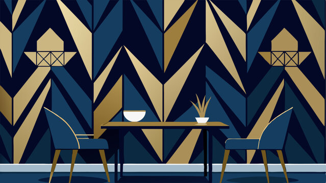 A bold geometric patterned wallpaper in shades of navy blue and gold adding drama to a dining room.