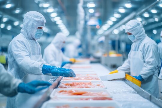 Workers in sterile clothing processing fish fillets on a conveyor belt, ensuring food safety and hygiene standards in a modern seafood processing plant environment.
