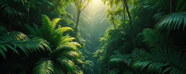 Fototapeta premium Sunlight streams through dense green jungle canopy. Lush tropical forest with palm leaves and ferns. Natural wilderness offers peaceful, wild, and verdant ambiance.