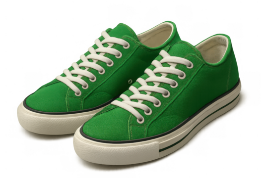 Pair of green canvas sneakers with white laces, offering casual style and comfort, isolated on transparent background