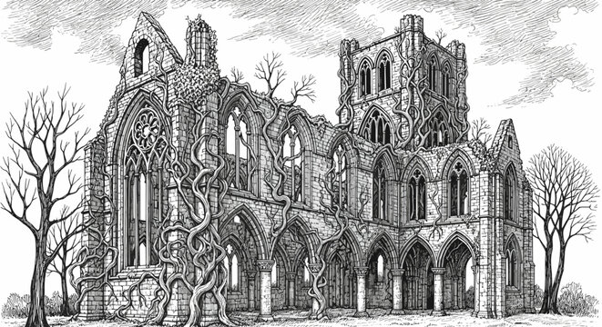 Historic Gothic Abbey Ruins Overgrown With Vines Under Dramatic Sky In Detailed Pen And Ink Illustration Style