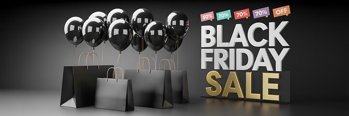 Naklejka premium Black Friday Sale 3D Render with Shopping Bags, Black Balloons & Discount Tags
