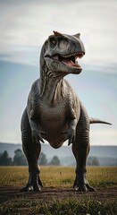 Fototapeta premium A large, gray Allosaurus stands tall in a grassy plain. It stares forward with its mouth slightly open, revealing its teeth. Trees are visible in the distant background