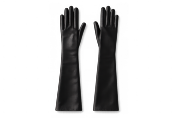 Pair of black long opera gloves in leather for formal wear and elegant fashion accessory with transparent background
