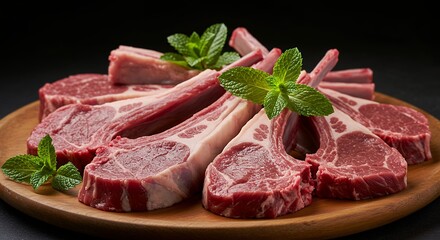 Raw Lamb Chops with Mint on Wooden Plate