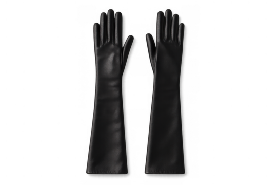 Pair of black long opera gloves in leather for formal wear and elegant fashion accessory with transparent background