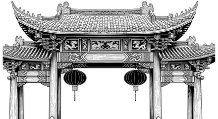 Fototapeta premium Intricate Chinese Pagoda Gate Architecture Detailed Ink Drawing Isolated on White Background