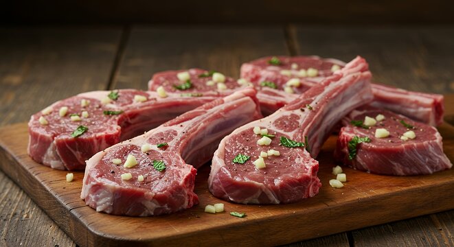 Raw Lamb Chops on Wooden Cutting Board