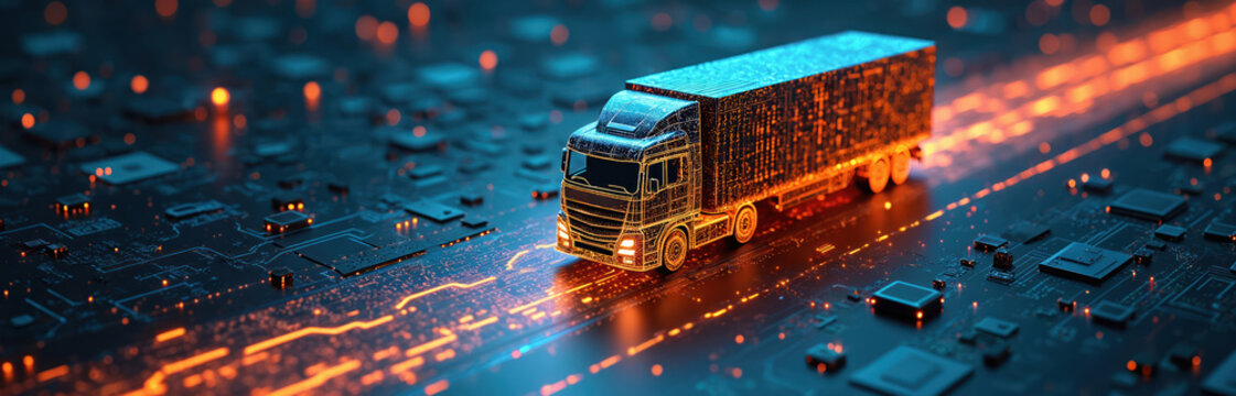Digital truck drives on circuit board road with glowing data streams. Advanced tech, logistics, and AI connect global supply chains for future commerce. - Powered by Adobe