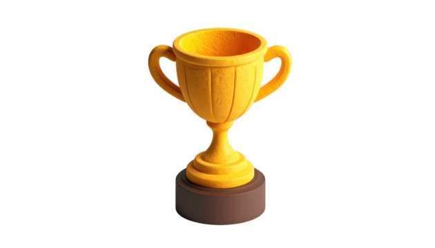 Golden trophy cup, rendered in 3D, stands on a dark brown circular base against a solid black background