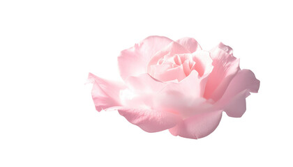 A delicate, soft pink rose in full bloom against a stark black background, illuminated with bright, natural light