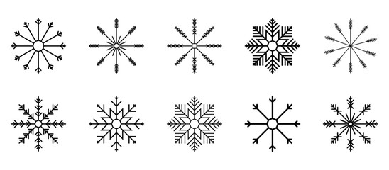 Snowflake icons set. Minimal outline style snowflakes geometric winter snow symbol isolated on white. Vector snowflake line collection for Christmas or New Year decor, patterns, stickers, invitations.