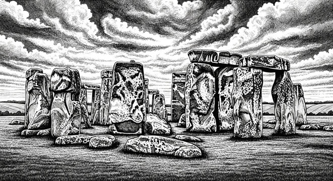 Ancient stone henge monument on a grassy plain under a dramatic cloudy sky detailed illustration