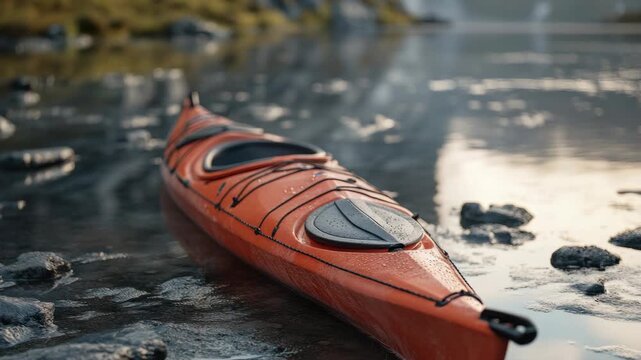 An expedition kayak resting on a rocky shore with a serene backdrop of water and mountains.