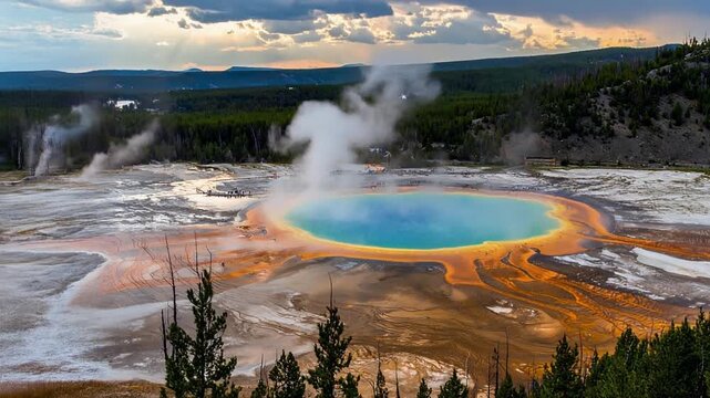 イエローストーンに広がる巨大温泉が青緑黄橙の虹色を描き出す自然の奇跡
