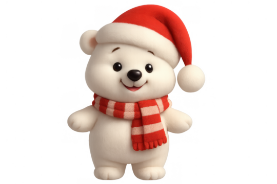 Cute polar bear cartoon wearing santa hat and scarf, celebrating winter holidays and christmas season