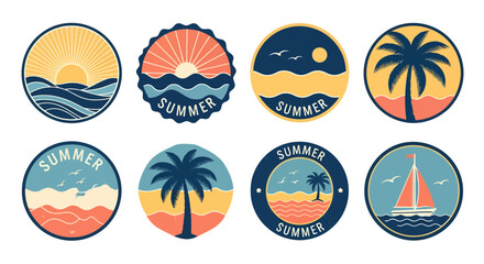 Collection of eight circular summer-themed badges with various beach and ocean designs.