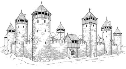 Obraz premium Medieval Castle Fortress Illustration Architectural Design Drawing With Towers Walls And Battlements Isolated On White Background