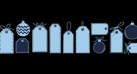 Collection of blue Christmas gift tags and ornaments on black background.