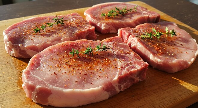 Raw Pork Chops on Wooden Board