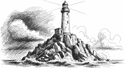 Fototapeta premium Dramatic lighthouse standing tall on rocky island guiding ships through stormy seas illustration