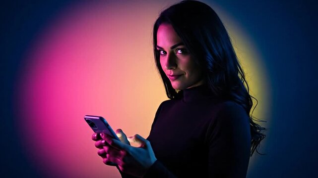 Tech-Savvy Elegance: A woman, bathed in a vibrant spectrum of light, engages with her device, showcasing a blend of technology and poise.