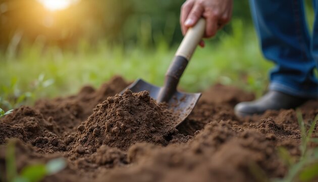 Person digs earth with metal shovel. Dirt mound piles up on garden ground. Someone works outside, preparing soil for planting or construction project.
