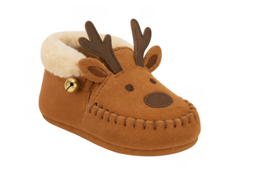 Baby's festive reindeer slipper with a jingle bell, soft brown moccasin styling for holiday comfort and warmth