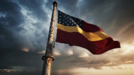Dramatic flag waves against stormy sky, symbolizing resilience and changing times, perfect for impactful storytelling.