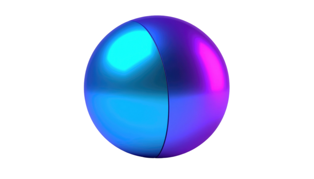 Shimmering sphere, divided into cyan and magenta, contrasting starkly against a black background, creating a vivid visual