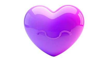 Glossy, purple heart shape with winking face detail, isolated on a black background
