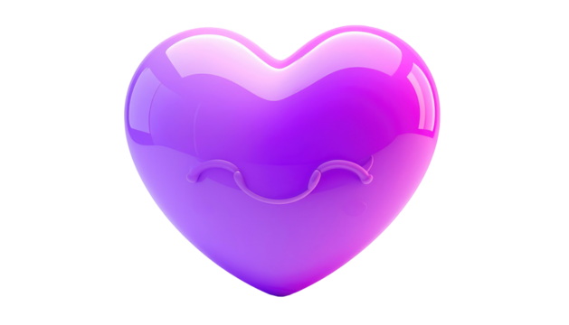 Glossy, purple heart shape with winking face detail, isolated on a black background
