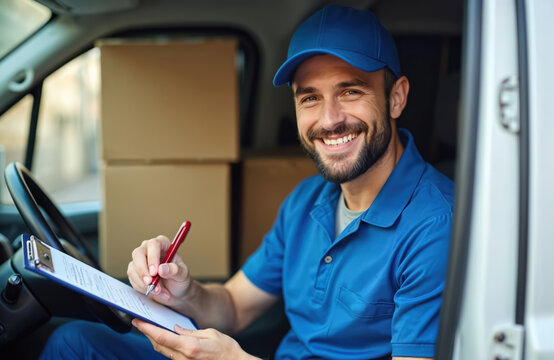 Delivery man checks delivery list inside van. Courier notes details on clipboard. Driver sits in car with parcels in cardboard boxes. Works in shipping company in blue uniform. Positive mood shown.