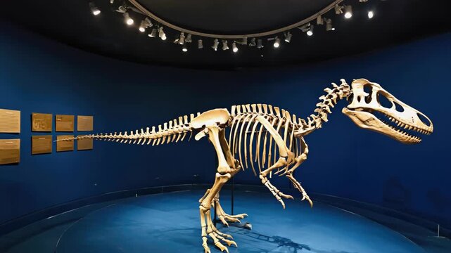 High-quality of a life-sized T-Rex skeleton exhibit in a museum setting with a blue background and dim lighting.
