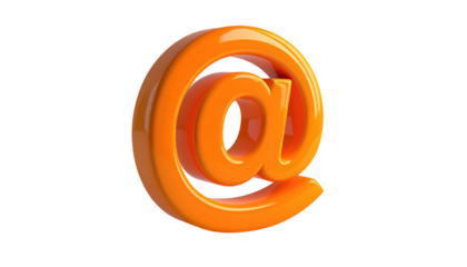 3D rendered glossy orange @ symbol isolated against a black background, softly lit for depth and detail