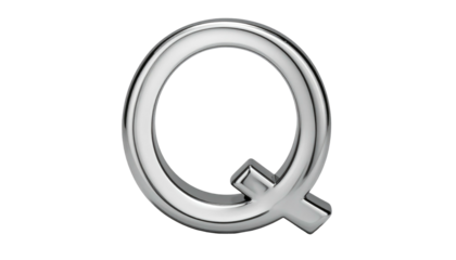 Shiny metallic letter Q in a clear, bright silver tone on a dark background. Round shape and smooth surface