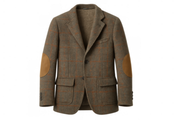 Classic brown tweed sport coat with elbow patches, showcasing vintage menswear style and traditional fashion