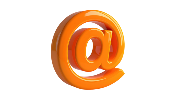 3D rendered glossy orange @ symbol isolated against a black background, softly lit for depth and detail