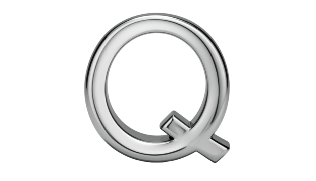Shiny metallic letter Q in a clear, bright silver tone on a dark background. Round shape and smooth surface