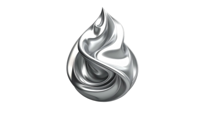A chrome-colored fluid sculpture on a black background, shaped like a teardrop or stylized flame with smooth, swirling folds