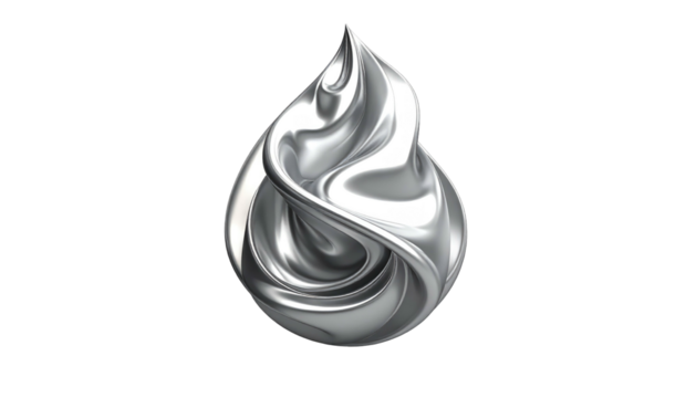 A chrome-colored fluid sculpture on a black background, shaped like a teardrop or stylized flame with smooth, swirling folds