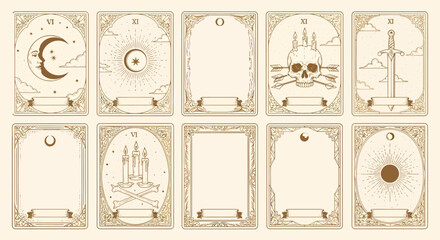 A collection of ten vintage-style tarot card illustrations with celestial and symbolic imagery on a textured background.